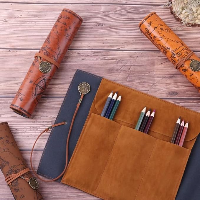 Cabilock Roll up Pencil Case Vintage Map Pu Leather Pencil Pouch Organizer - Image 7