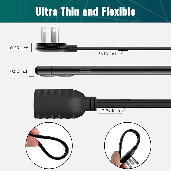 Elecan Flat Plug Extension Cord 2 Ft 2 Pack - Image 2