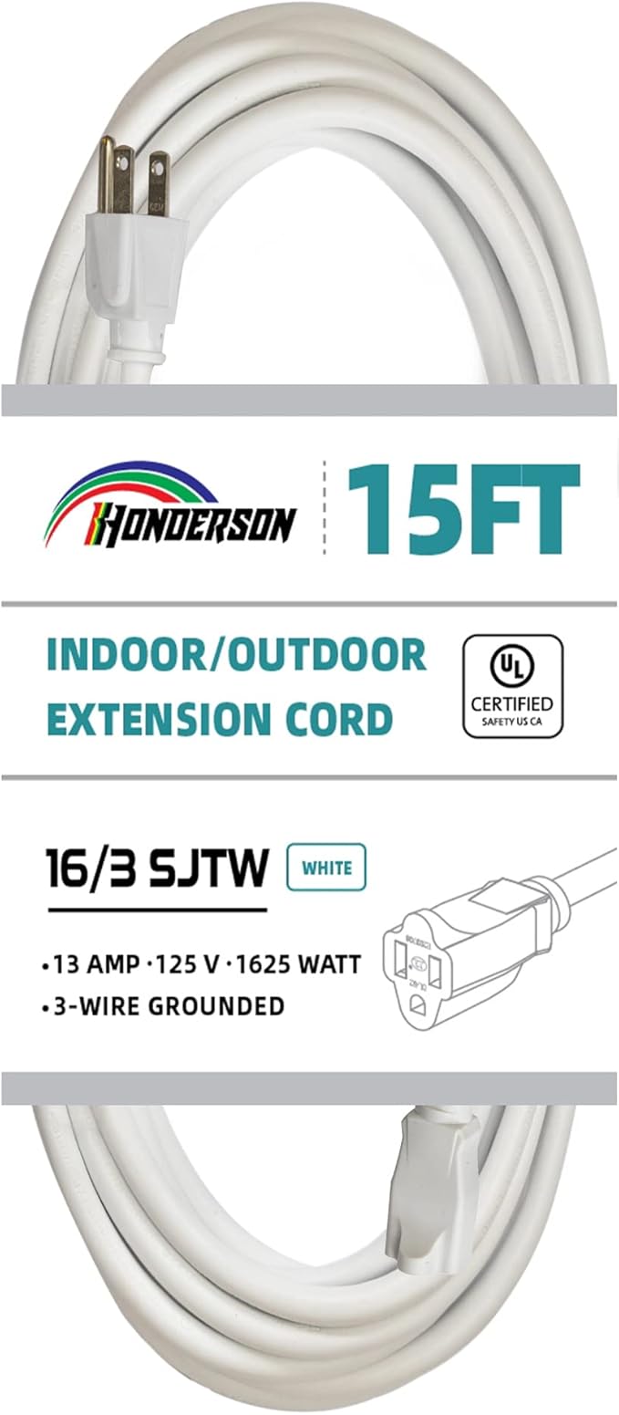 Indoor/Outdoor Extension Cord, 16 Gauge 15FT White 3 Prong Heavy Duty, by HONDERSON
