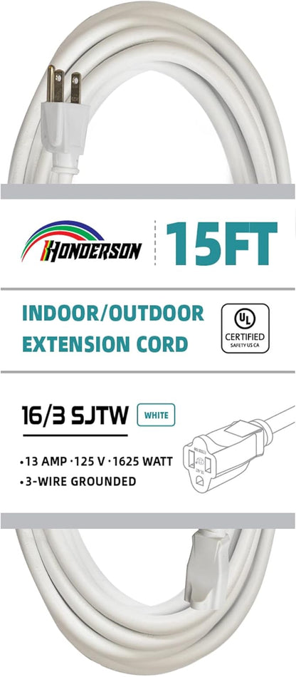 Indoor/Outdoor Extension Cord, 16 Gauge 15FT White 3 Prong Heavy Duty, by HONDERSON
