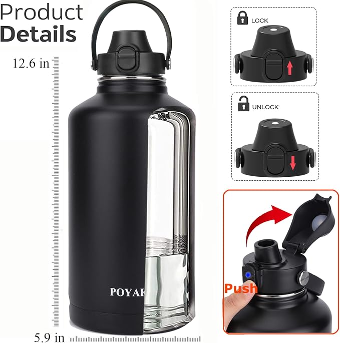 Water Bottle Insulated 32oz 40oz 64oz 128oz Straw Lid Spout Lid & 3 Lids - Image 2