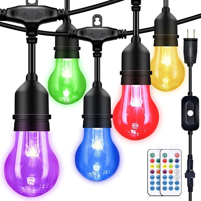 48FT Outdoor RGB String Lights, 16 Shatterproof Edison Bulbs, Dimmable Color by IPStank
