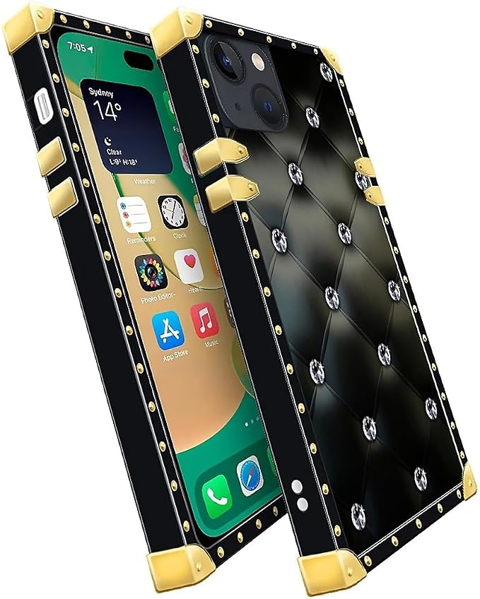 Compatible with iPhone 14 Case, Shiny Black Sofa Crystal Luxury Golden - Image 3