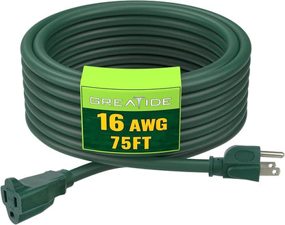 Indoor Outdoor Extension Cord 75 FT, 16/3 SJTW Weatherproof Green Electrical by GREATIDE