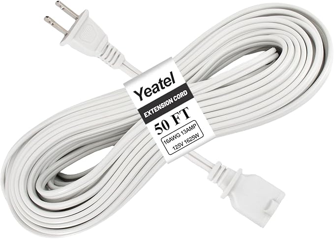 50FT White Extension Cord, 2 Prong Extension Cords Indoor, 16 Gauge SPT-2 Flat by Yeatel