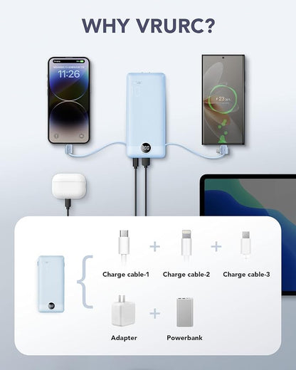 VRURC Portable Charger Built-in Cables and AC Wall Plug, USB C Power Bank - Image 4