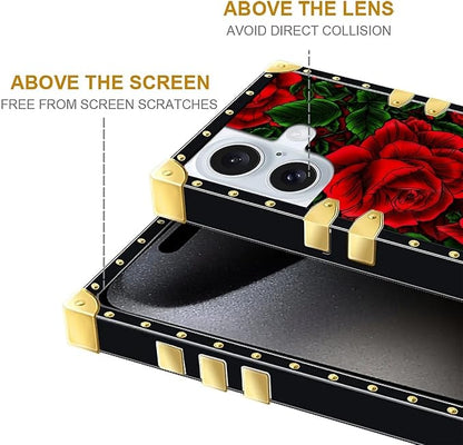 Compatible with iPhone 16 Case, Vector Red Rose Green Leaf Luxury Golden - Image 5