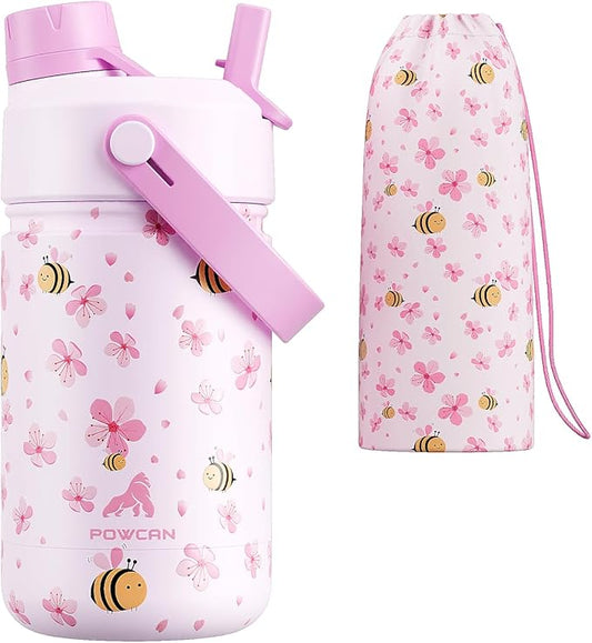 12 oz Kids Stainless Steel Water Bottle: 2-in-1 Straw Spout Lid, Easy Clean by POWCAN
