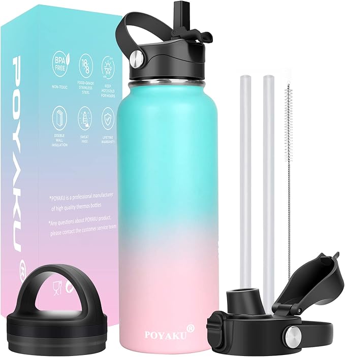 Water Bottle Insulated 32oz 40oz 64oz 128oz Straw Lid Spout Lid & 3 Lids by POYAKU
