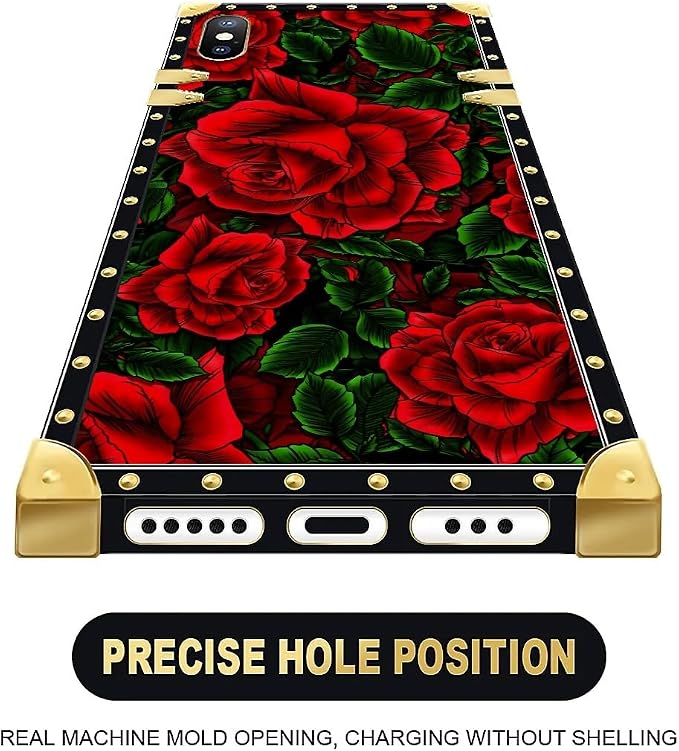 Compatible with iPhone XR Case, Vector Red Rose Green Leaf Luxury Golden - Image 5
