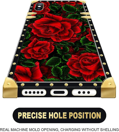 Compatible with iPhone XR Case, Vector Red Rose Green Leaf Luxury Golden - Image 5