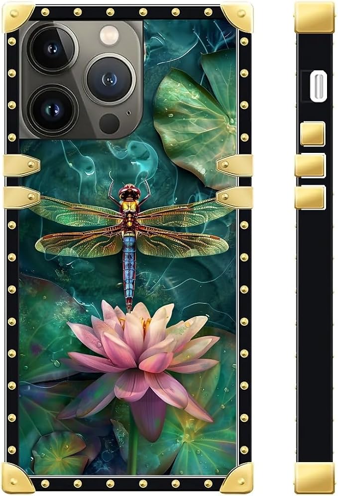 Compatible with iPhone 13 Pro Max Case, Colourful Dragonfly Pink Lily Pads - Image 3