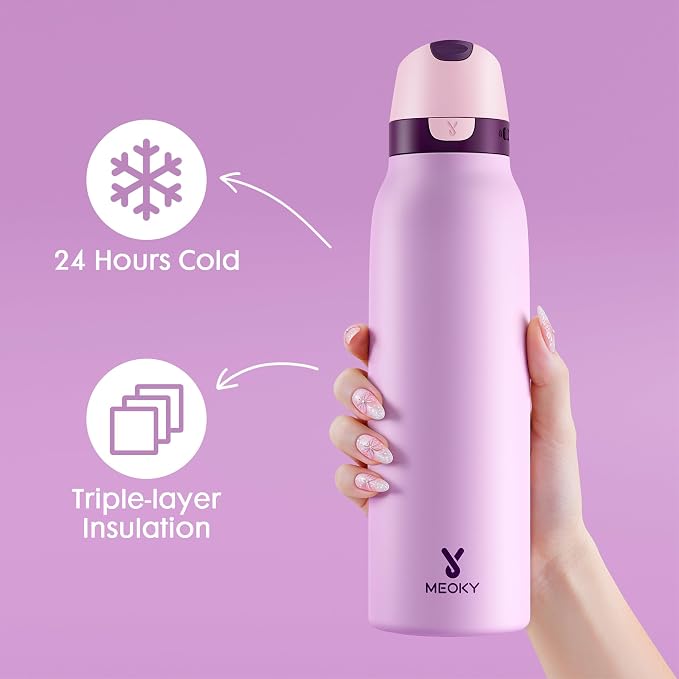Meoky 24 oz Stainless Steel Slim Water Bottle: Leak Proof Locking Lid, 2-in-1 - Image 2