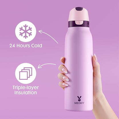 Meoky 24 oz Stainless Steel Slim Water Bottle: Leak Proof Locking Lid, 2-in-1 - Image 2