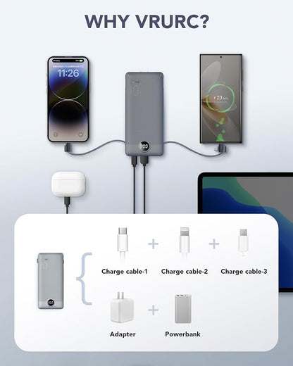 VRURC Portable Charger Built-in Cables and AC Wall Plug, USB C Power Bank - Image 5