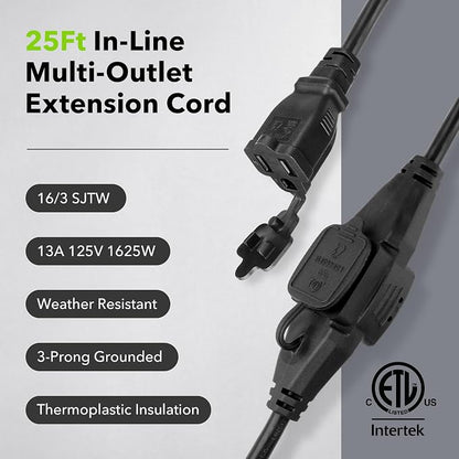 BN-LINK 25 ft Outdoor Extension Cord w/3 Inline Outlets 16/3 Gauge, SJTW - Image 4