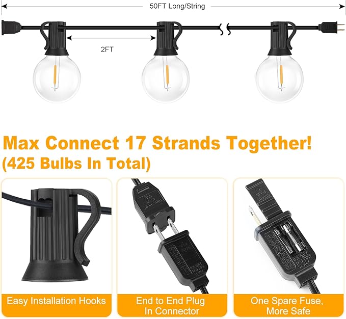 Bosceos 50FT Outdoor G40 LED Globe String Lights Dimmable Waterproof - Image 4