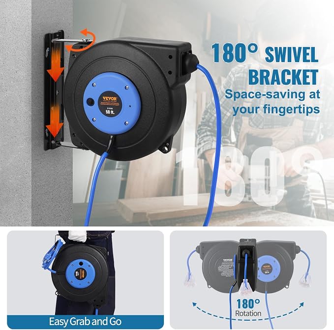 VEVOR Retractable Extension Cord Reel, 50 FT, Heavy Duty 14AWG/3C SJTOW - Image 6