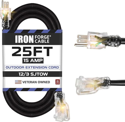 Iron Forge Cable 12 Gauge Outdoor Extension Cord 25 Ft, SJTOW 12/3 Heavy Duty by IronForgeCable