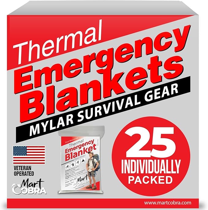 Mart Cobra Emergency Blanket 25-Pack Space Mylar Blankets Survival Gear and by MartCobra