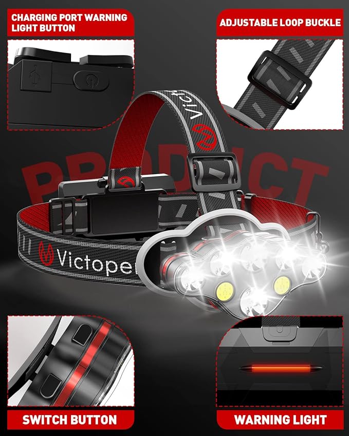 Victoper Rechargeable Headlamp 2 Pack, 8 LED 18000 High Lumen Bright Head Lamp - Image 5