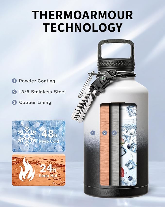 Trebo Water Bottle 64oz with Paracord Handle, Half Gallon Large Vacuum Triple - Image 2