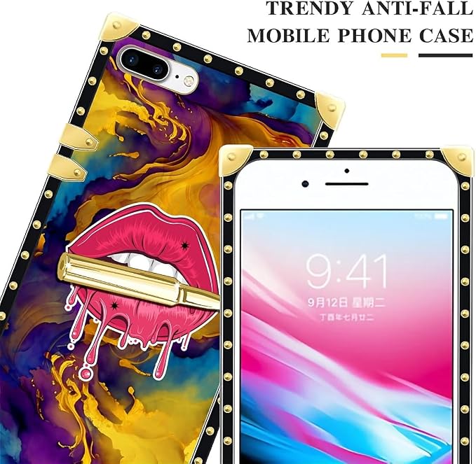 Compatible with iPhone 8 7 SE Case, Cool Corlorful Lip Marble Luxury Golden - Image 4