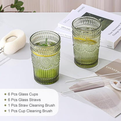 ZMOWIPDL Vintage Glassware Drinking Glasses Set of 6, 13 oz Green Textured - Image 5