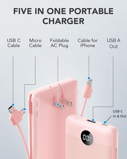 VRURC Portable Charger Built-in Cables and AC Wall Plug, USB C Power Bank - Image 2