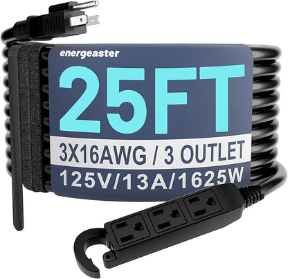 Energeaster 16/3 25 Ft 3 Outlet Extension Cord Outdoor Waterproof, 3 Prong by energeaster