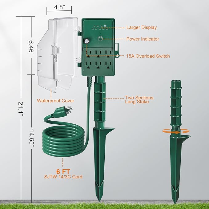 SURAIELEC Outdoor Power Stake, Dusk to Dawn Light Timer, 6 Electrical Outlet - Image 7