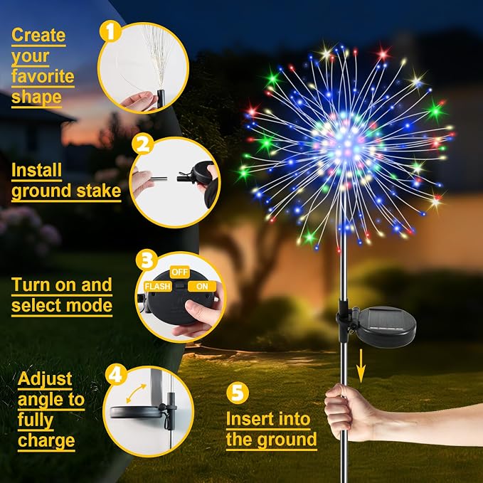 Solar Garden Lights Outdoor, 4 Pack 120 LED Twinkling Firework Lights Decorative - Image 6