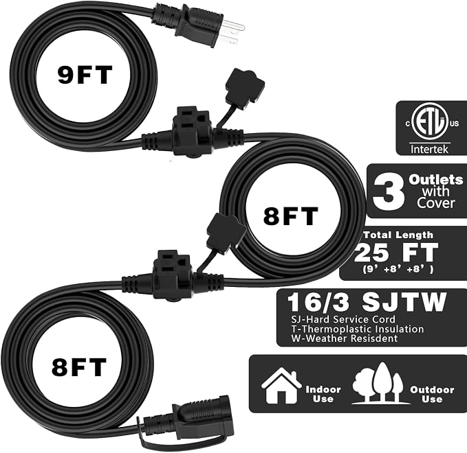K KASONIC - Outdoor Extension Cord 25 FT, Evenly Spaced 3 Outlets Plugs - Image 2