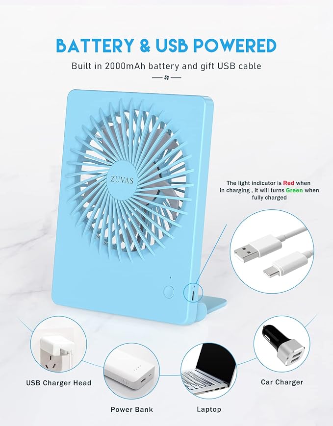 Zuvas Desk Fan Battery Operated Fan Rechargeable 180°Tilt Folding Personal Fan - Image 4