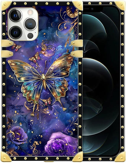 Compatible with iPhone 12 Case, Glistening Golden Butterfly Vibrant Purple Blue by Unknown