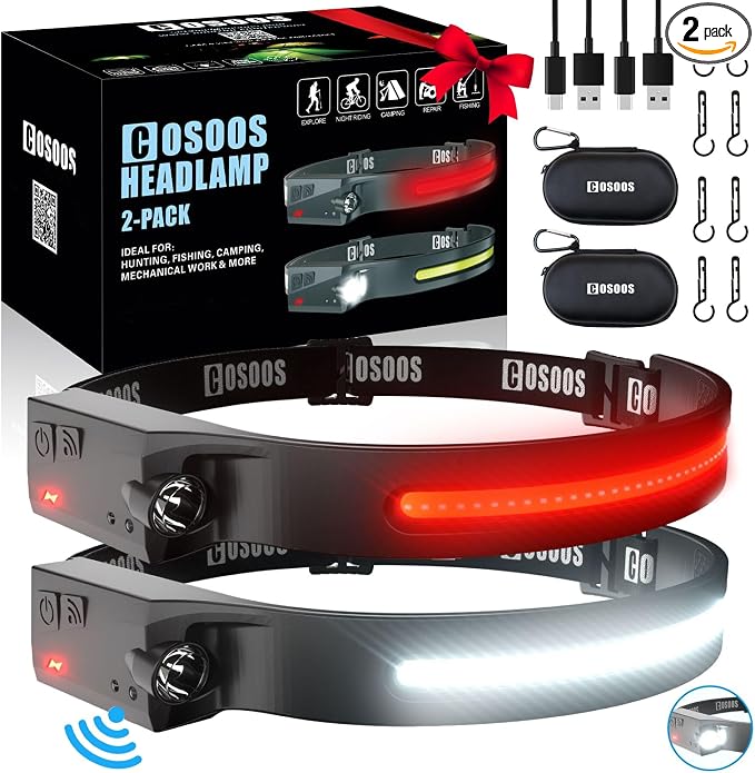COSOOS Original 2 Rechargeable Headlamp Flashlight w/Red Light & Carry Case by COSOOS