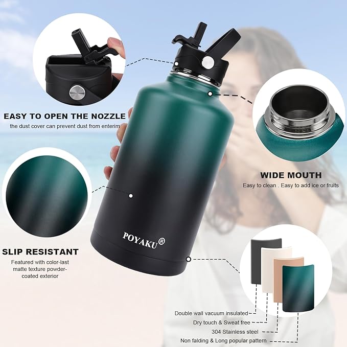Water Bottle Insulated 32oz 40oz 64oz 128oz Straw Lid Spout Lid & 3 Lids - Image 3