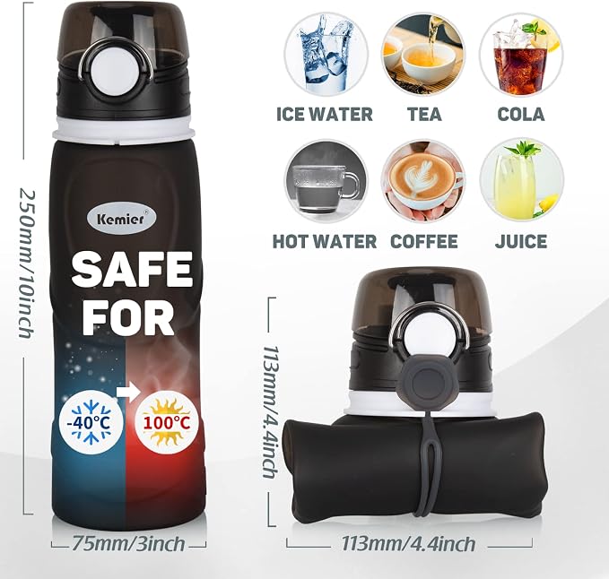 Kemier Collapsible Silicone Water Bottles-750ML, Medical Grade, BPA Free Travel - Image 6