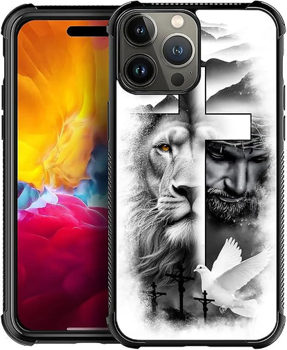 for iPhone 15 Pro Case, Lion Cross Jesus Christ Dove Pattern Graphic Design by FKBRCL4U