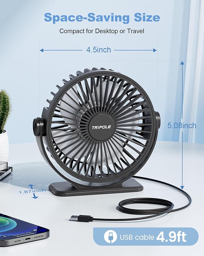 TriPole Desk Fan USB Powered Small Portable Fan, 3 Speeds Adjustable Strong - Image 3