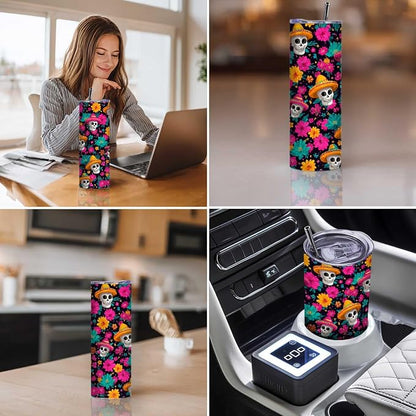 Firmiso 20 oz Tumbler｜Skinny Insulated Travel Mug｜Sombrero Skull Floral - Image 3