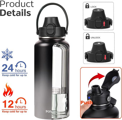 Water Bottle Insulated 32oz 40oz 64oz 128oz Straw Lid Spout Lid & 3 Lids - Image 2