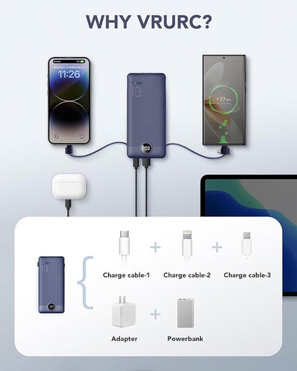VRURC Portable Charger Built-in Cables and AC Wall Plug, USB C Power Bank - Image 5