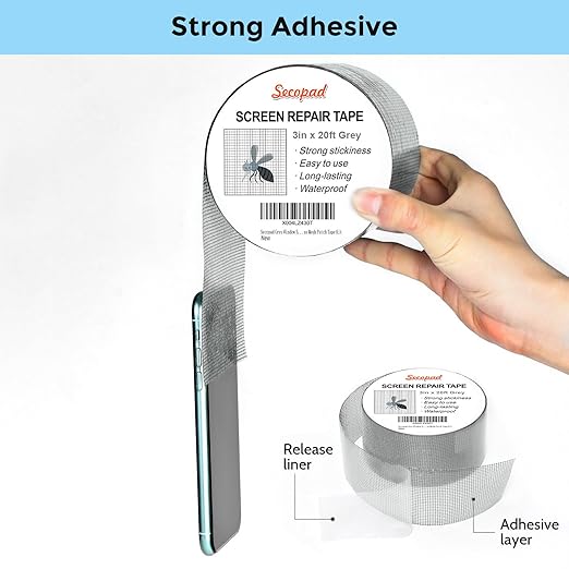 Secopad Grey Window Screen Repair Tape, 3IN X 20FT Screen Repair Kit - Image 2