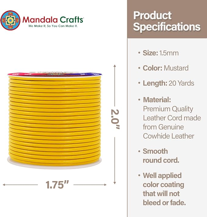 Mandala Crafts Round Genuine Mustard Yellow Leather Cord - Image 4