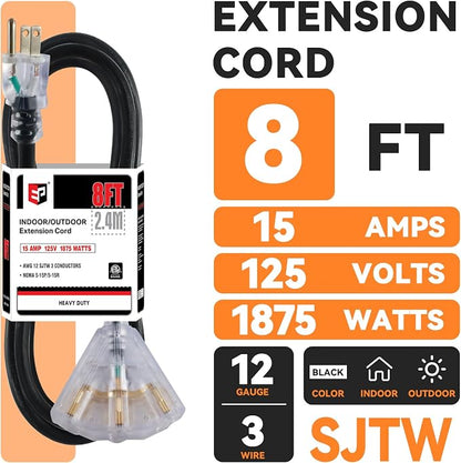 EP 8 Ft 12 Gauge Heavy Duty Extension Cord, 15A 125V 1875W, 3 Outlet - Image 2
