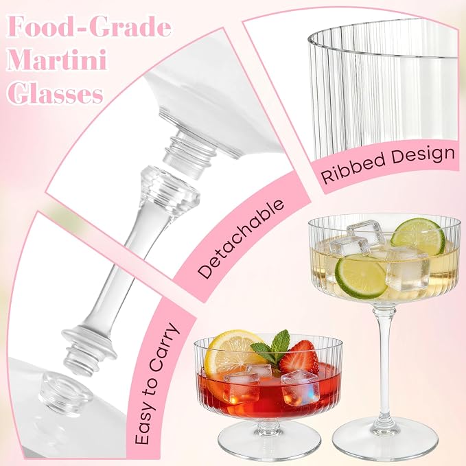 PLULON 12 Pcs Clear Martini Glasses Set 10 Oz Plastic Ribbed Coupe Glass - Image 4