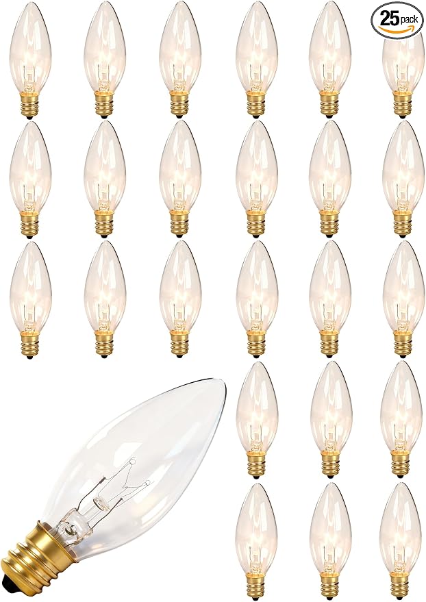 25 Pack Candle Light Bulbs, Crystal Clear Torpedo Tip Candelabra Replacement by Konictom
