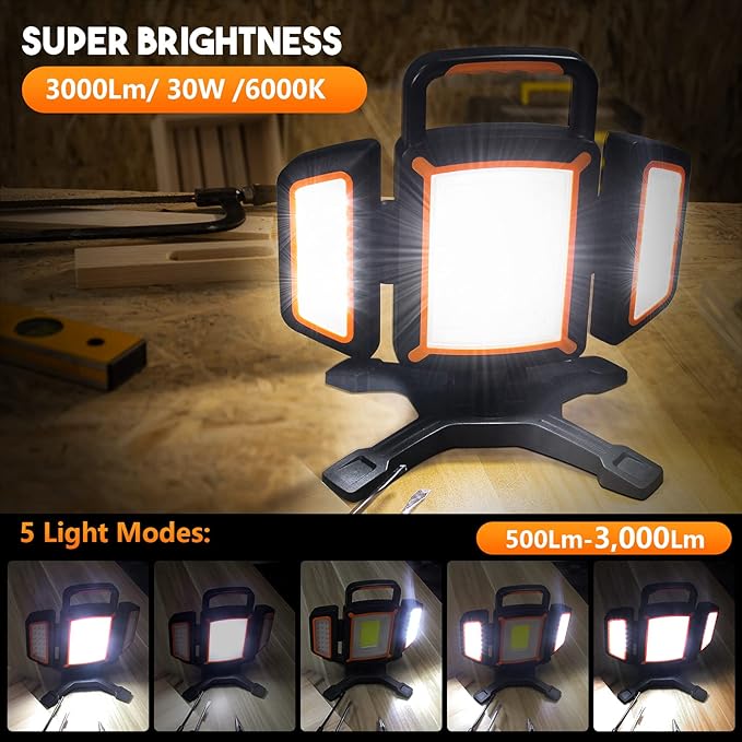 Tresda 30W Rechargeable Work Light, 3000 Lumen Magnetic Work Light Battery - Image 3