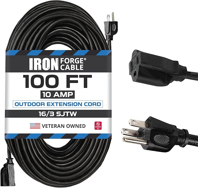 Iron Forge Cable 100 Ft Black Extension Cord, 100 Foot Extension Cord, 3 Prong by IronForgeCable